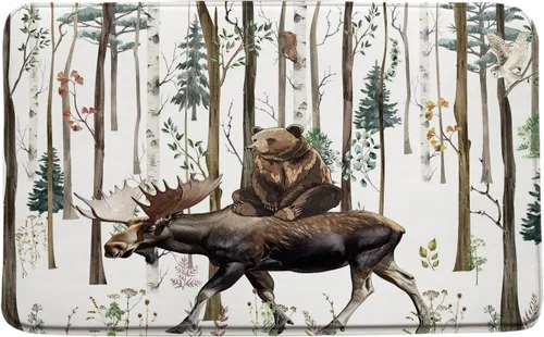 Miniatura 4 de Misty Forest Deer 2 piezas tablero de madera animales salvajes alce rústico naturaleza niebla caza cabaña árbol selva alfombra de baño en forma de U
