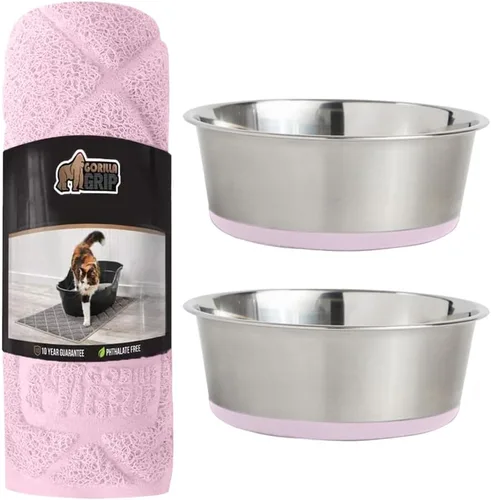 Gorilla Grip Juego de 2 tapetes gruesos para atrapar arena para gatos y cuencos de acero inoxidable para perros, tapete para gatos de 35 x 23