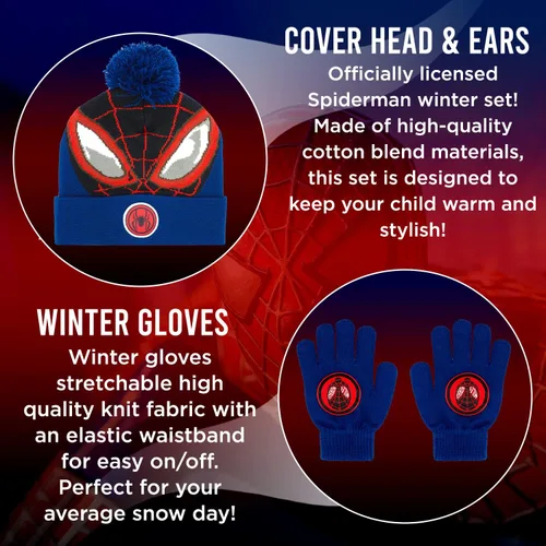 Miniatura 2 de Marvel Spider-Man - Sombrero de invierno y guantes de nieve para niños y niños juego de 2 piezas gorro con pompones con guantes cálidos
