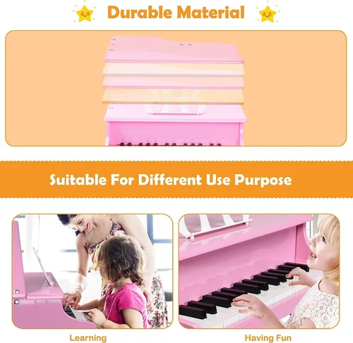 Miniatura 2 de HONEY JOY Piano clásico para niños, mini piano de cola de 30 teclas con soporte de música y banco, juguete de instrumento musical de madera con tapa