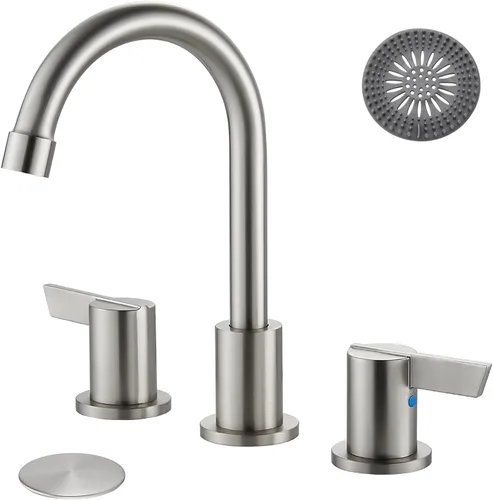 Grifo de lavabo de baño de 3 agujeros, 8 pulgadas, grifo de baño de 2 manijas de acero inoxidable SUS304 con drenaje emergente y líneas de Níquel