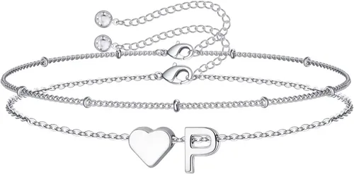 Miniatura 19 de M MOOHAM Pulseras de oro con inicial de corazón para mujer, pulseras con dije de letra A-Z de corazón dorado en capas para mujer, pulseras