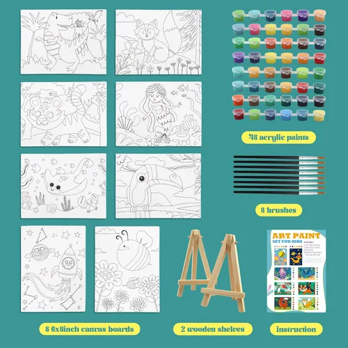 Miniatura 2 de 8 paquetes de lienzo preimpreso para pintar lienzo para niños, 48 pinturas, 8 pinceles, 2 caballetes, 8 lienzos impresos de 6x8 para niñas, niños