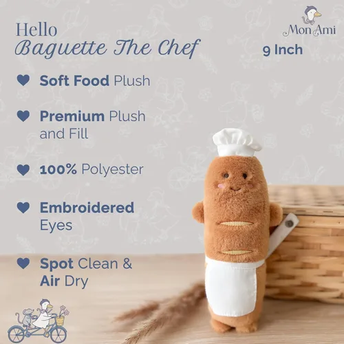 Miniatura 2 de MON AMI Baguette The Chef Juguete de Peluche Muñeco de Pan Suave Relleno de 9 Pulgadas con Sombrero y Delantal Adorable Juguete de Peluche