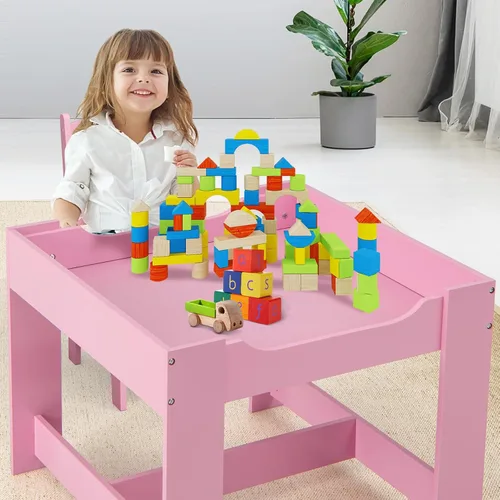 Miniatura 8 de KOTEK Juego de mesa y 2 sillas de madera para niños con pizarra y cajones de almacenamiento, mesa de actividades múltiples para niños para aprender