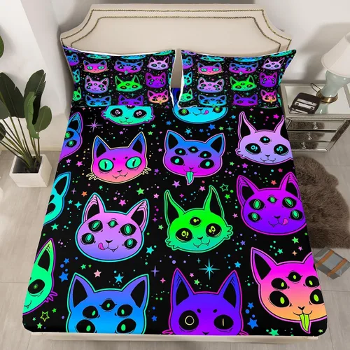Miniatura 20 de Erosebridal Sábanas de calavera de azúcar, sábana bajera ajustable de Halloween, tamaño individual, ropa de cama de galaxia trippy morada, funda