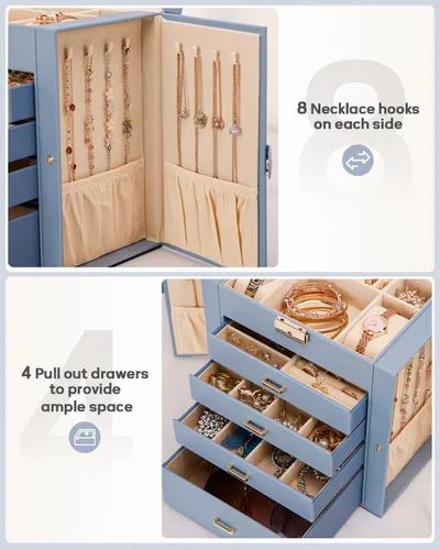 Miniatura 41 de Homde Regalos de Navidad de cuero sintético, enorme joyero, organizador de reloj con espejo, collar, anillo y aretes, estuche de regalo con Dorado