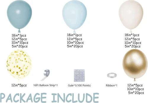 Miniatura 4 de Kit de guirnalda de arco de globos de color azul bebé polvoriento, 155 unidades, con niebla de pizarra, azul bebé, arena, blanco, dorado metálico