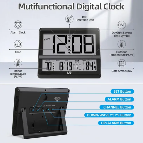 Miniatura 2 de LFF Reloj atómico de pantalla grande, reloj de pared digital con temperatura y fecha para interiores y exteriores, sensor inalámbrico para Negro