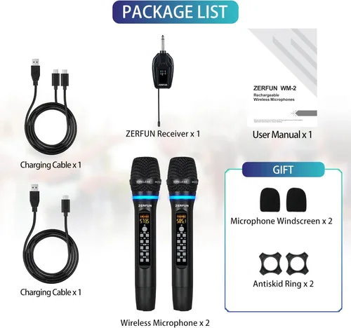 Miniatura 7 de Micrófonos inalámbricos duales recargables, sistema de micrófono inalámbrico de metal UHF micrófono inalámbrico profesional con control de eco