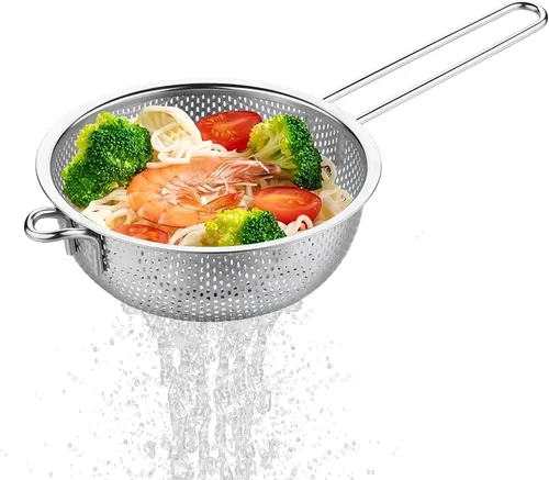 GREATLINK Colador de lavabo de acero inoxidable con asa, colador de cocina, pies de descanso y colador para colar, enjuagar, freír, cocinar al vapor