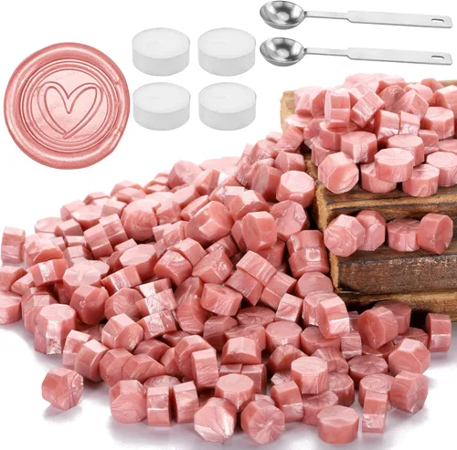Yoption 300 cuentas de cera de sellado de oro rosa, cuentas de sello de cera octágono vintage con 4 velas y 2 cucharas de fusión de sello de cera