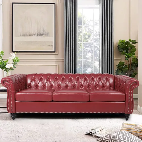 Miniatura 15 de LEVNARY Sillón tapizado de cuero, moderno sofá individual de mediados de siglo con brazos enrollados y cabeza de clavo, silla Chesterfield de piel
