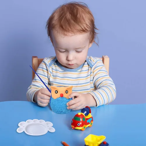 Miniatura 3 de Winlyn 6 juegos de macetas de cerámica para bonsáis con forma de búho, kit de pintura para manualidades, sin pintar, macetas de búho con orificio