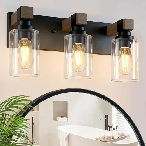 Miniatura 8 de Accesorios de iluminación de baño de granja, luces de tocador rústicas de 3 luces en madera para baño, iluminación de apliques de pared vintage