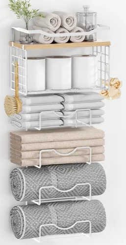 Miniatura 8 de Toalleros para baño, toallero montado en la pared, soporte para toallas de 6 niveles enrolladas o dobladas con estantes flotantes, portotoallas