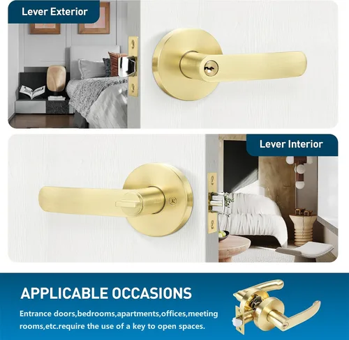 Miniatura 2 de Leydebong Paquete de 10 manijas de puerta de entrada de color dorado claro (con llave similar), perillas de puerta interior resistentes, cerraduras