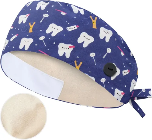 Miniatura 25 de QBA Gorra de trabajo ajustable con botón, gorro de trabajo de algodón, banda elástica para atar en la espalda, para mujeres y hombres, talla única