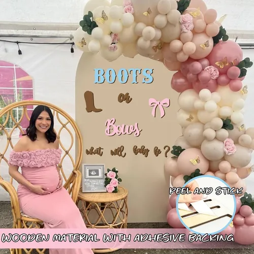 Miniatura 4 de Adhesivos de madera para señalización de revelación de género, arco de globos "¿Qué será el bebé?", botas o lazos, suministros de decoración