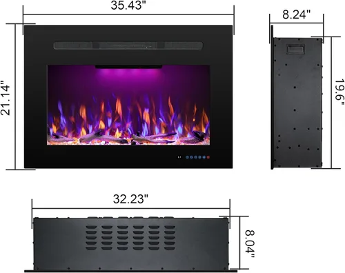 Miniatura 2 de Insertos de chimenea eléctrica con 3 llamas y luz superior de color, chimenea empotrada con termostato, 750/1500W, sonido crepitante, troncos