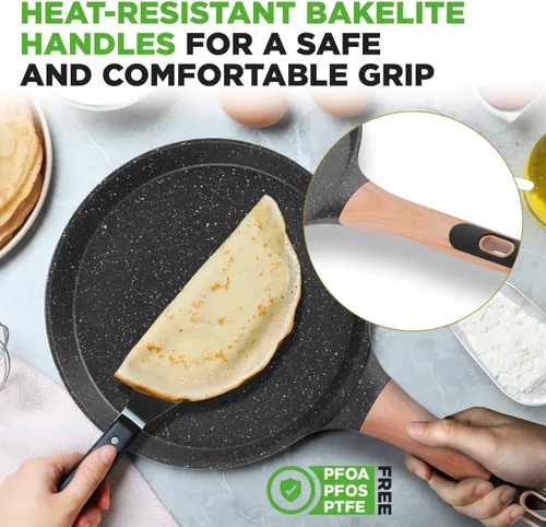 Miniatura 4 de NutriChef - Sartén para crepes de 24 cm (9.45 pulgadas) antiadherente con esparcidora de madera, sartén Dosa de mármol recubierto duradero, mango