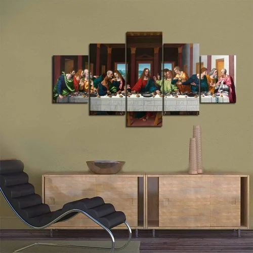 Miniatura 5 de The Last Supper - Pintura sobre lienzo para pared de sala de estar, 5 piezas, arte de pared de la última cena, retro, vintage, de madera, moderno