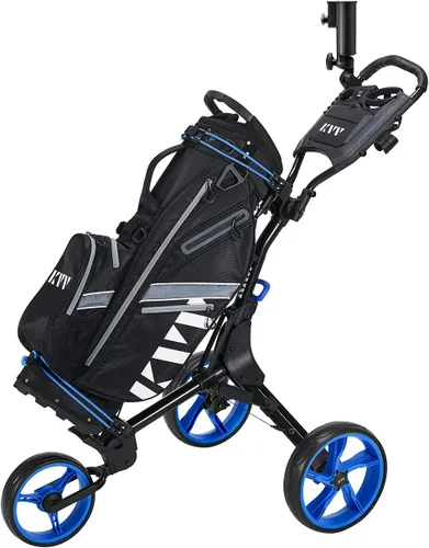 Miniatura 3 de KVV Carrito de empuje de golf de 3 ruedas ultra ligero tamaño plegable más pequeño, soporte para tarjeta de puntuación de nueva versión Negro/Azul