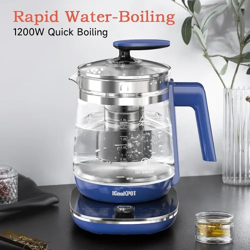 Miniatura 2 de Hervidor Eléctrico de Vidrio Caliente con Infusor de Té y Control de Temperatura, Tetera de Acero Inoxidable de 1.5L y Hervido Rápido de 1200W, Azul