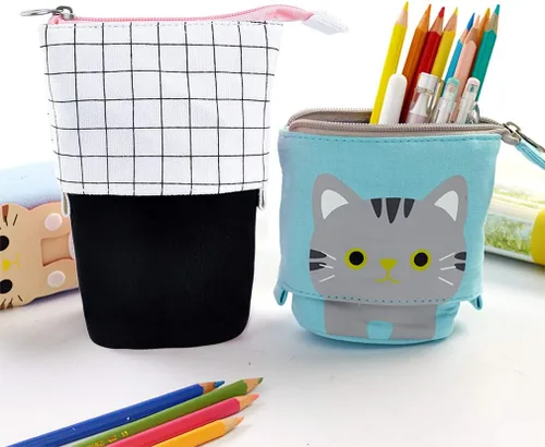 Miniatura 2 de iSuperb - Portalápices convertible para soporte y almacenamiento, de lona y poliuretano, con caricatura de gato adorable; cartuchera telescópica