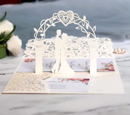 Miniatura 9 de NC Paquete de 10 invitaciones de boda desplegables en 3D doradas, elegantes tarjetas de aniversario de diseño de novia y novio para celebraciones