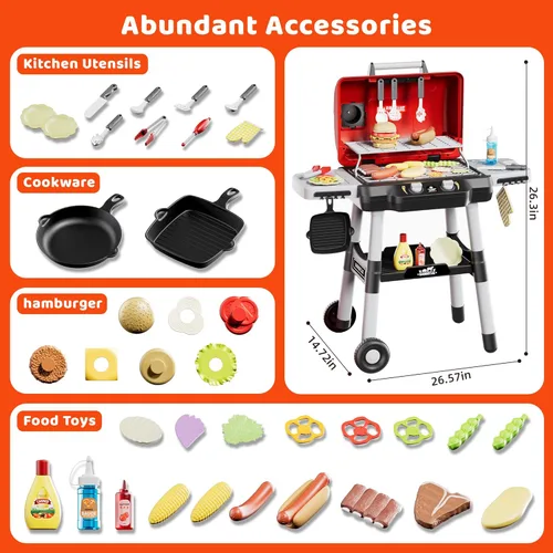 Miniatura 8 de Juguetes de cocina para niños, juego de parrilla BBQ para niños, juguete de barbacoa de 2 niveles con ruedas, sonido de humo y luz, juego