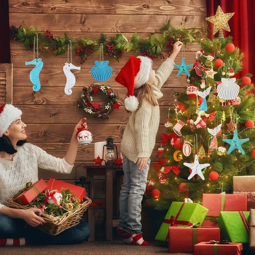 Miniatura 6 de Maitys 24 adornos navideños de resina con temática del océano, diseño de lápiz, estrella de mar, conchas de mar, caballito de mar, decoración