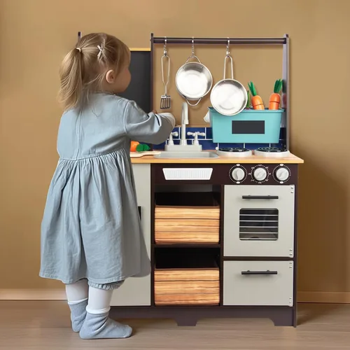 Miniatura 6 de Juego de cocina para niños de 3 a 8 años, cocina de madera con accesorios de cocina y alimentos de corte, incluyendo horno, estufa, grifo
