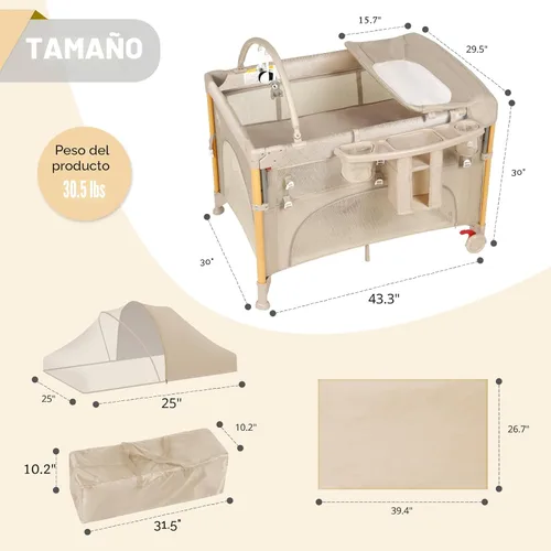 Miniatura 9 de Moisés para bebé 5 en 1, paquete y juego, cuna de bebé ajustable junto al dormir, configuración de un segundo y una mano, corralito portátil Beige