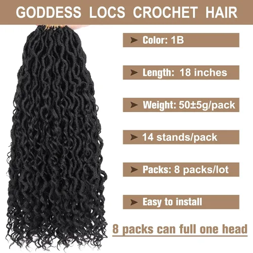 Miniatura 2 de COOKOO 8 paquetes de 18 pulgadas (14 hebras/pieza) Rastas de diosa de ganchillo con bucle previo con extremos rizados, negro azabache, rastas
