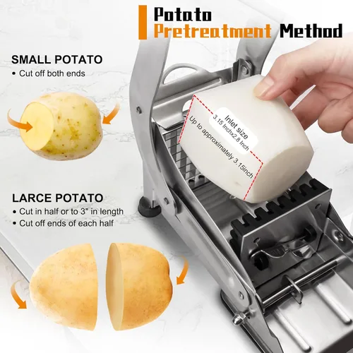 Miniatura 7 de Cortador de papas de acero inoxidable apto para lavavajillas con cuchillas de 1/2 y 3/8 pulgadas, base de succión antideslizante, cortador manual