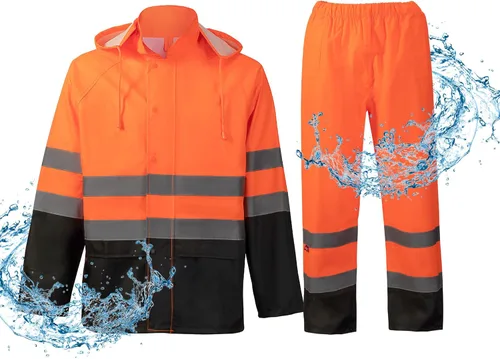 ProtectX Ropa de lluvia impermeable de alta visibilidad para hombres y mujeres, chaqueta reflectante de seguridad y pantalón de alta visibilidad,