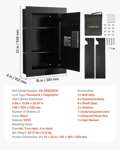 Miniatura 7 de VEVOR Caja fuerte de pared oculta de 3 niveles con huella digital, contraseña, llave y perilla giratoria, Q235 caja de pared de acero laminado