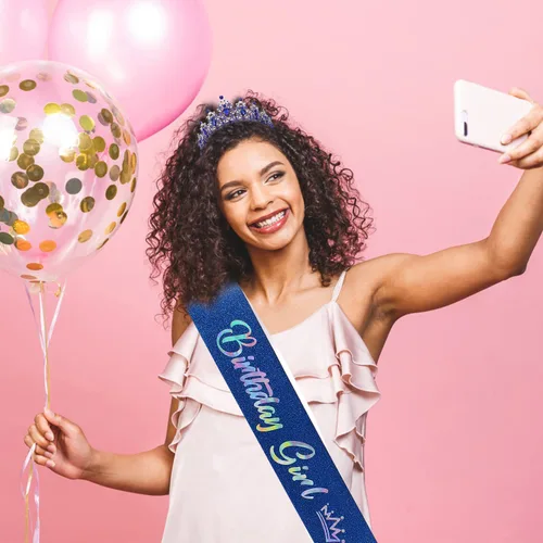 Miniatura 8 de SuPoo Kit de corona y banda de cumpleaños, tiara azul con diamantes de imitación y peine, banda con purpurina, diadema de cristal para mujeres