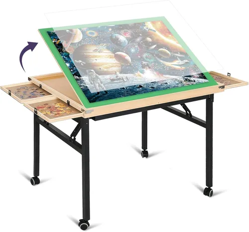Mesa de rompecabezas con cajones, mesa de rompecabezas ajustable de 3 ángulos sobre ruedas, 1500 piezas, patas de metal plegables y cubierta de