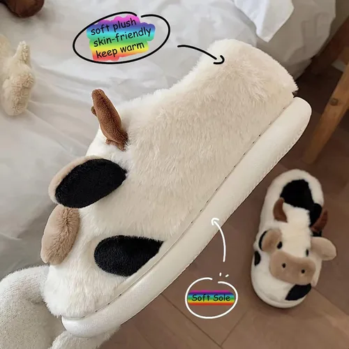 Miniatura 5 de Fuzzy Cow Slippers for Women Men, Cute Cotton Animals House Shoes Fluffy Plush Slippers for Girls Indoor Living Room Bedroom