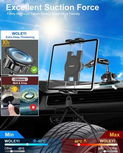 Miniatura 3 de Soporte resistente para tablet de automóvil, brazo de metal, soporte de tableta con ventosa para parabrisas de tableta, para camiones/automóvil