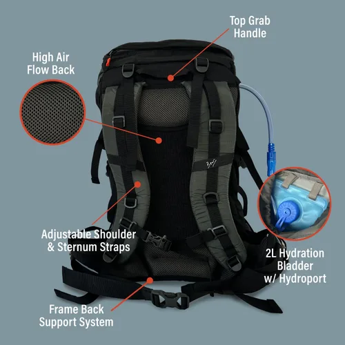 Miniatura 3 de Bear Grylls Mochila de hidratación de senderismo de 45 L, mochila de día con bolsa de agua de 2 litros, ligera y perfecta para acampar, correr