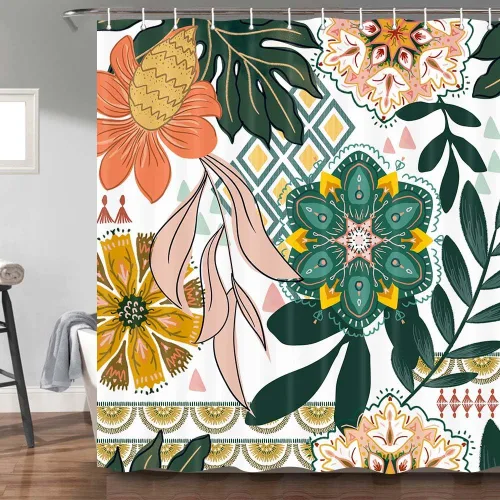Miniatura 2 de Torich Cortina de ducha floral bohemia, abstracta de mediados de siglo, decoración bohemia, cortinas de baño, flores botánicas, hojas tropicales