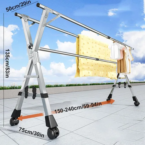 Miniatura 6 de Escurridor de ropa, plegable de acero inoxidable de 94 pulgadas para interiores y exteriores, altura y ancho ajustables, ahorro de espacio