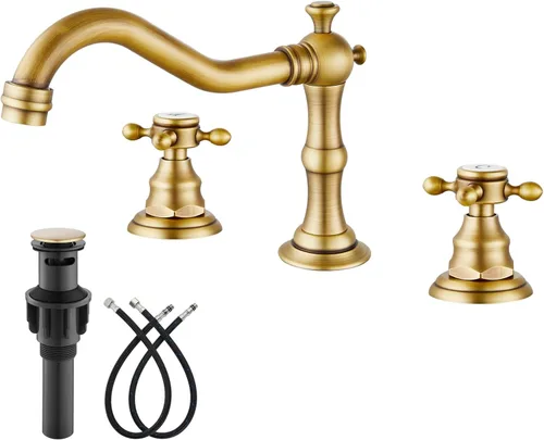 gotonovo Grifo de baño de 3 agujeros y 8 pulgadas, grifo de lavabo de baño extendido, 2 asas cruzadas, grifo mezclador vintage con drenaje Latón
