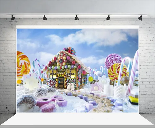 Miniatura 12 de AOFOTO Telón de fondo de casa de jengibre de 5 x 3 pies, bastón de caramelo, piruleta, paleta de azúcar, fondo de fotografía, decoración de fiesta
