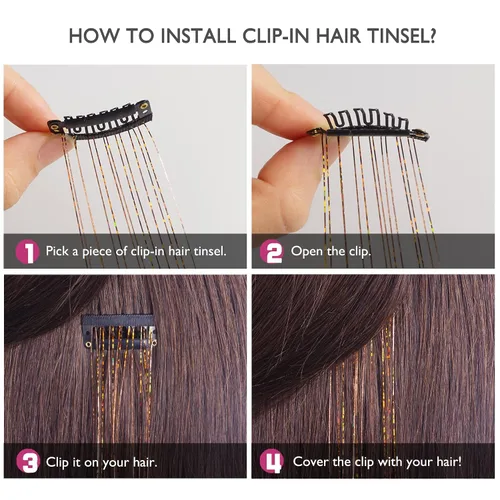 Miniatura 3 de Extensiones de oropel con clip para el cabello, reflejos castaños, 20.5 pulgadas, 6 piezas por paquete, extensiones de cabello sintético multicolor