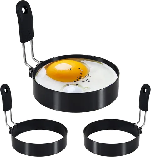 Miniatura 9 de Anillos para huevos de 3.5 pulgadas con mango de silicona, anillos de cocina para huevos de acero inoxidable, antiadherentes, para freír huevos