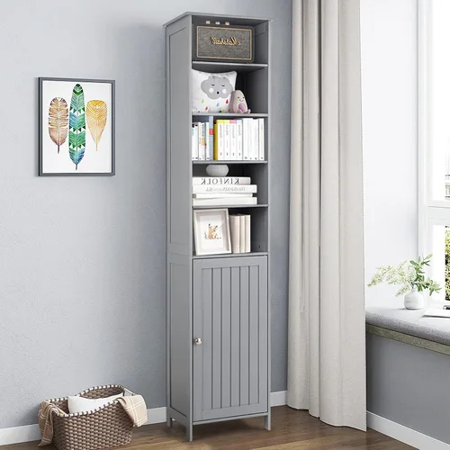 Miniatura 4 de COSTWAY Armario de almacenamiento alto, armario de piso de madera con estantes ajustables de 3 niveles, puerta y perilla convenientes, organizador